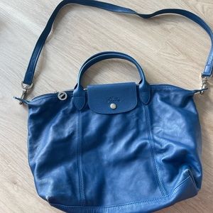 Longchamp Le Pliage Medium Leather Shoulder Bag (Blue)
